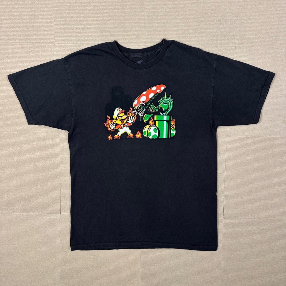 Y2K Mario vs Alien Xenomorph Mashup T-Shirt Mens L Black TeeFury Graphic Tee